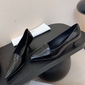 Women's The Row Cybil Patent Leather Pointed Toe Kitten Heel Pumps in Black